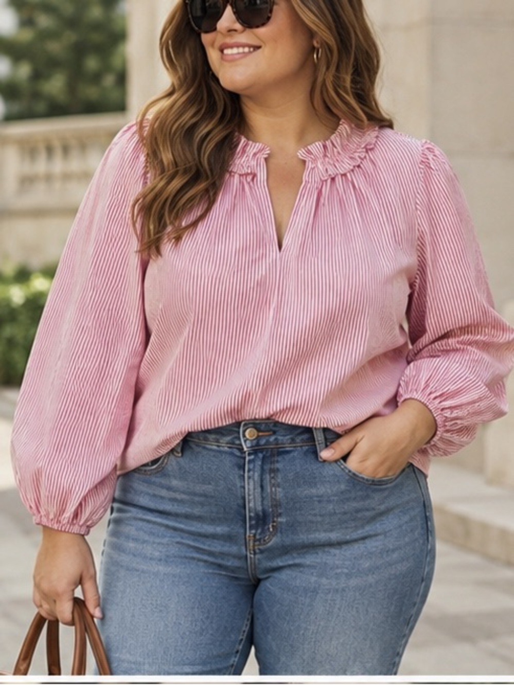J Crew Pink White Stripe Long Sleeve Top Ruffle Split Neck Cotton Stretch Blouse
